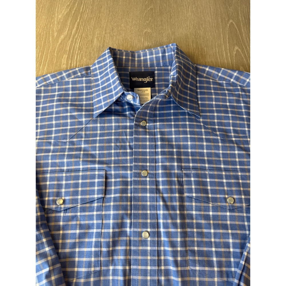 Wrangler Mens Western Snap Shirt Blue White Plaid Stretch L MWR262M Long Sleeve
